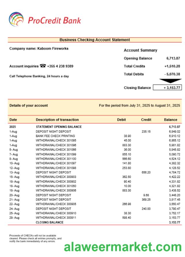 ProcreditBank company checking account statement Word and PDF template